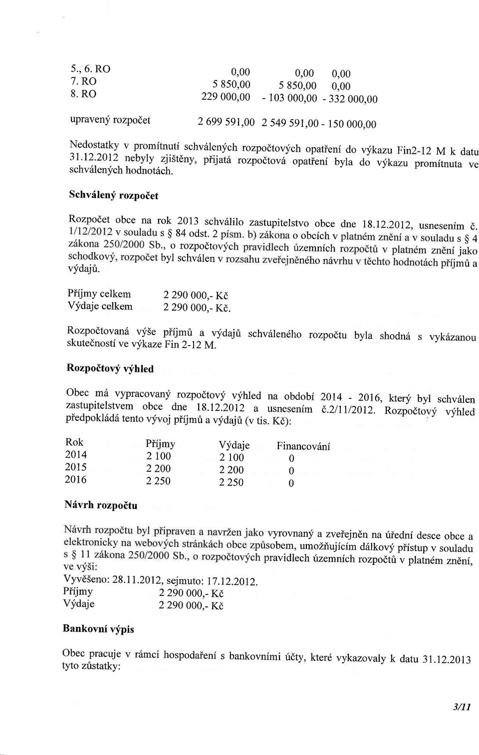 3r;r2'20r2 nebyly zii5tdn), piijat rozpodtovii opatleni byla do vykazu promitnuta ve schv6lenych hodnot6ch. Schvfleny rozpoiet Rozpodet obce na rok 2013 schvrllilo zastupitelstvo obce dne 1g. 12.