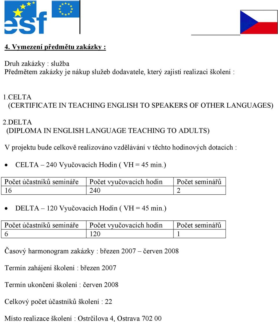 DELTA (DIPLOMA IN ENGLISH LANGUAGE TEACHING TO ADULTS) V projektu bude celkově realizováno vzdělávání v těchto hodinových dotacích : CELTA 240 Vyučovacích Hodin ( VH = 45 min.