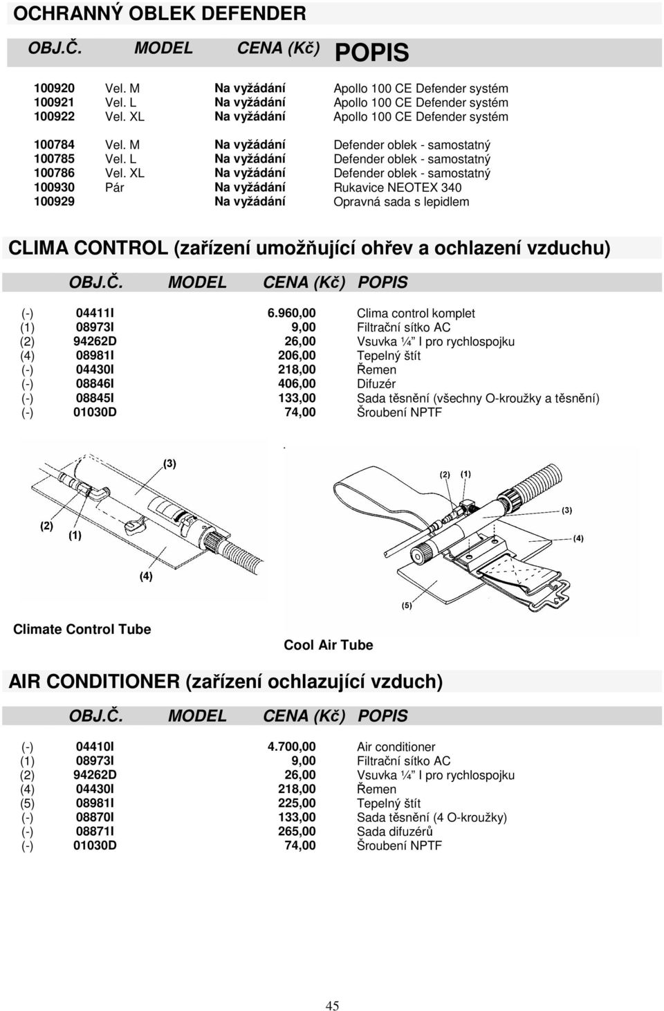 XL Na vyžádání Defender oblek - samostatný 100930 Pár Na vyžádání Rukavice NEOTEX 340 100929 Na vyžádání Opravná sada s lepidlem CLIMA CONTROL (zařízení umožňující ohřev a ochlazení vzduchu) (-)