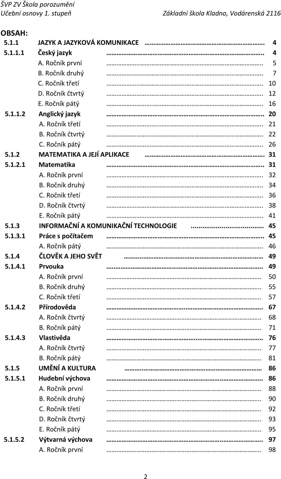 Ročník čtvrtý.... 38 E. Ročník pátý.... 41 5.1.3 INFORMAČNÍ A KOMUNIKAČNÍ TECHNOLOGIE... 45 5.1.3.1 Práce s počítačem.. 45 A. Ročník pátý.... 46 5.1.4 ČLOVĚK A JEHO SVĚT... 49 5.1.4.1 Prvouka.... 49 A.