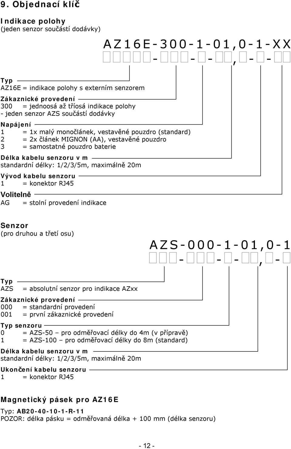kabelu senzoru v m standardní délky: 1/2/3/5m, maximálně 20m Vývod kabelu senzoru 1 = konektor RJ45 Volitelně AG = stolní provedení indikace Senzor (pro druhou a třetí osu) AZS-000-1-01,0-1 - - -, -