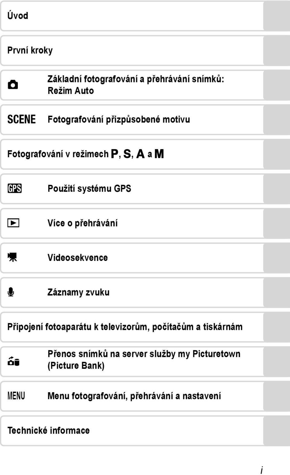Videosekvence E Záznamy zvuku Připojení fotoaparátu k televizorům, počítačům a tiskárnám H Přenos