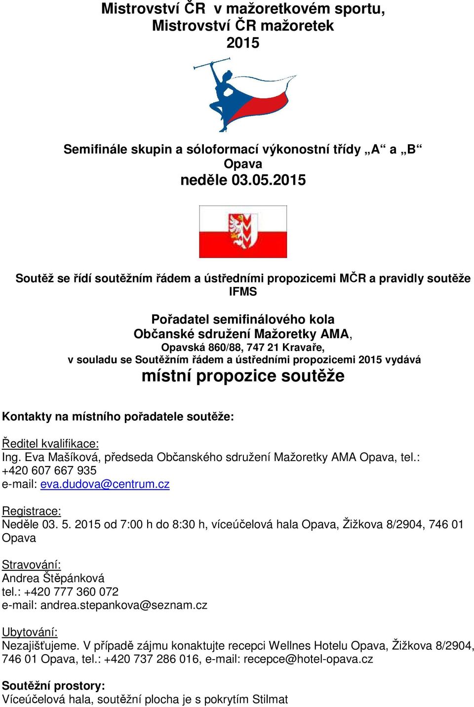 Soutěžním řádem a ústředními propozicemi 2015 vydává místní propozice soutěže Kontakty na místního pořadatele soutěže: Ředitel kvalifikace: Ing.