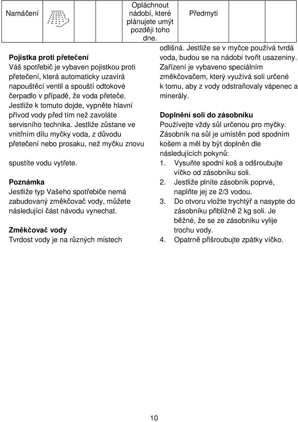 Jestliže zůstane ve vnitřním dílu myčky voda, z důvodu přetečení nebo prosaku, než myčku znovu spustíte vodu vytřete.