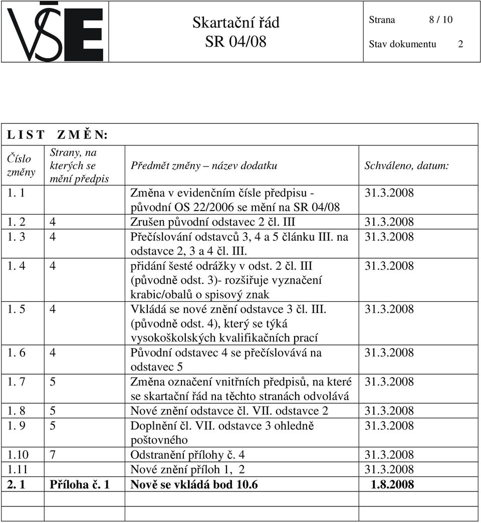 2 čl. III (původně odst. 3)- rozšiřuje vyznačení krabic/obalů o spisový znak 31.3.2008 1. 5 4 Vkládá se nové znění odstavce 3 čl. III. (původně odst. 4), který se týká vysokoškolských kvalifikačních prací 31.