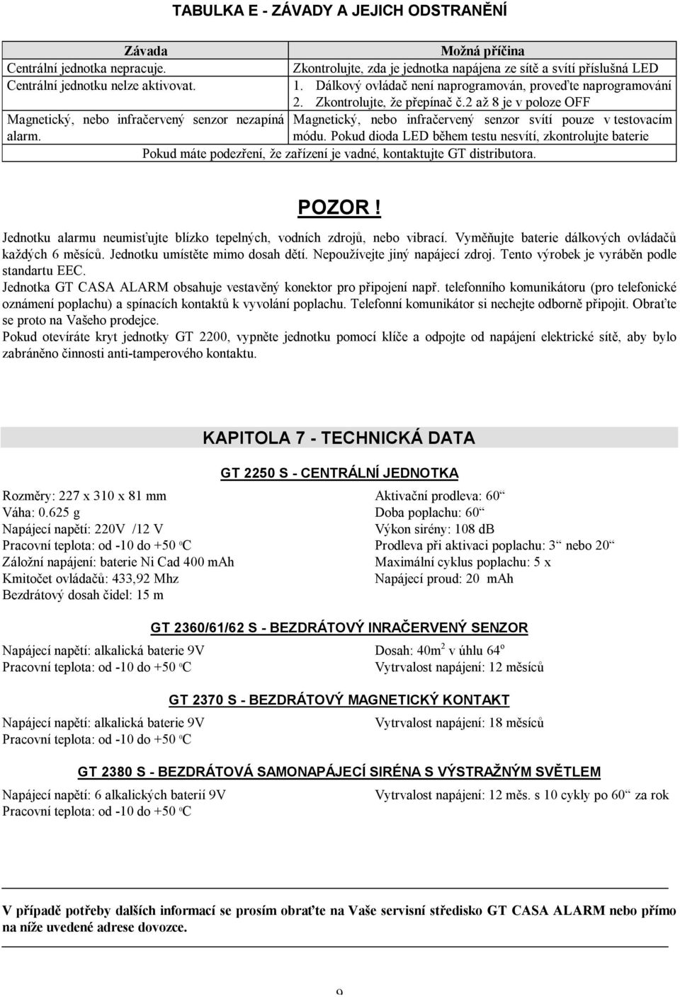 2 až 8 je v poloze OFF Magnetický, nebo infračervený senzor nezapíná Magnetický, nebo infračervený senzor svítí pouze v testovacím alarm. módu.