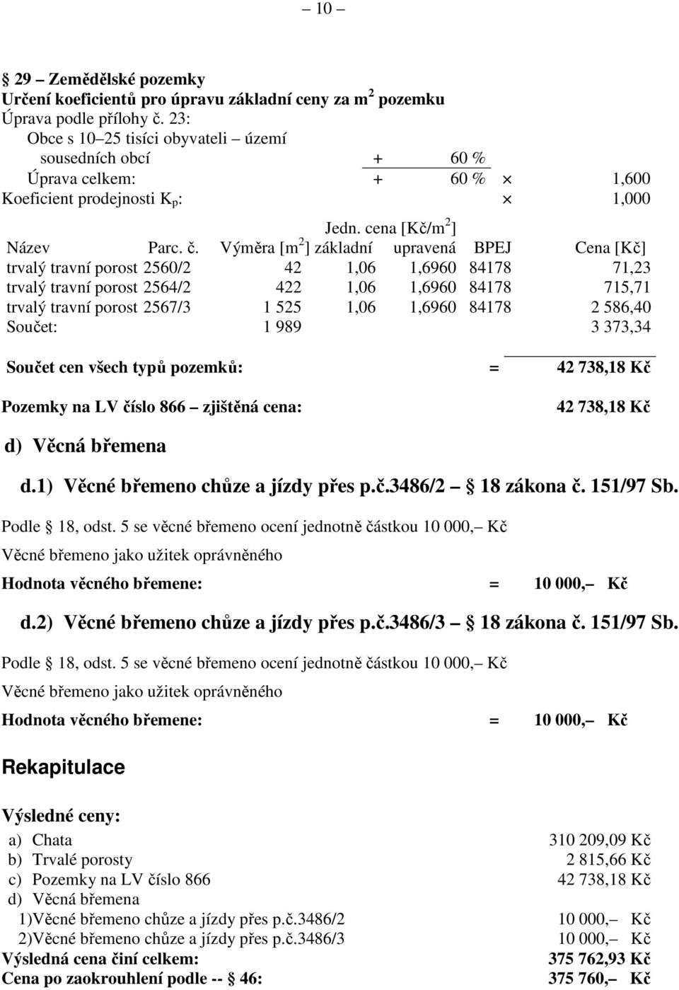Výměra [m 2 ] základní upravená BPEJ Cena [Kč] trvalý travní porost 2560/2 42 1,06 1,6960 84178 71,23 trvalý travní porost 2564/2 422 1,06 1,6960 84178 715,71 trvalý travní porost 2567/3 1 525 1,06