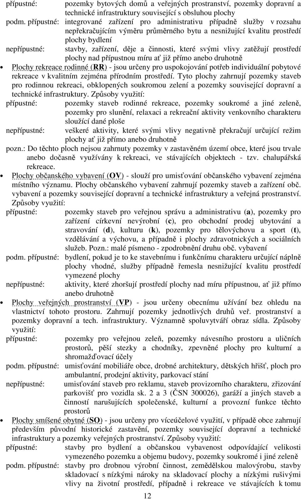 svými vlivy zatěžují prostředí plochy nad přípustnou míru ať již přímo anebo druhotně Plochy rekreace rodinné (RR) - jsou určeny pro uspokojování potřeb individuální pobytové rekreace v kvalitním