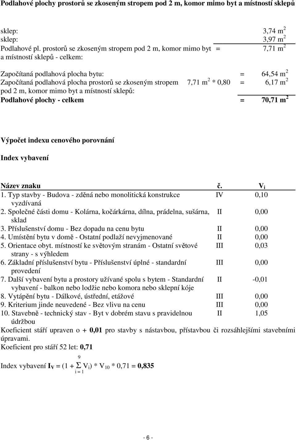 7,71 m 2 * 0,80 = 6,17 m 2 pod 2 m, komor mimo byt a místností sklepů: Podlahové plochy - celkem = 70,71 m 2 Výpočet indexu cenového porovnání Index vybavení Název znaku č. V i 1.