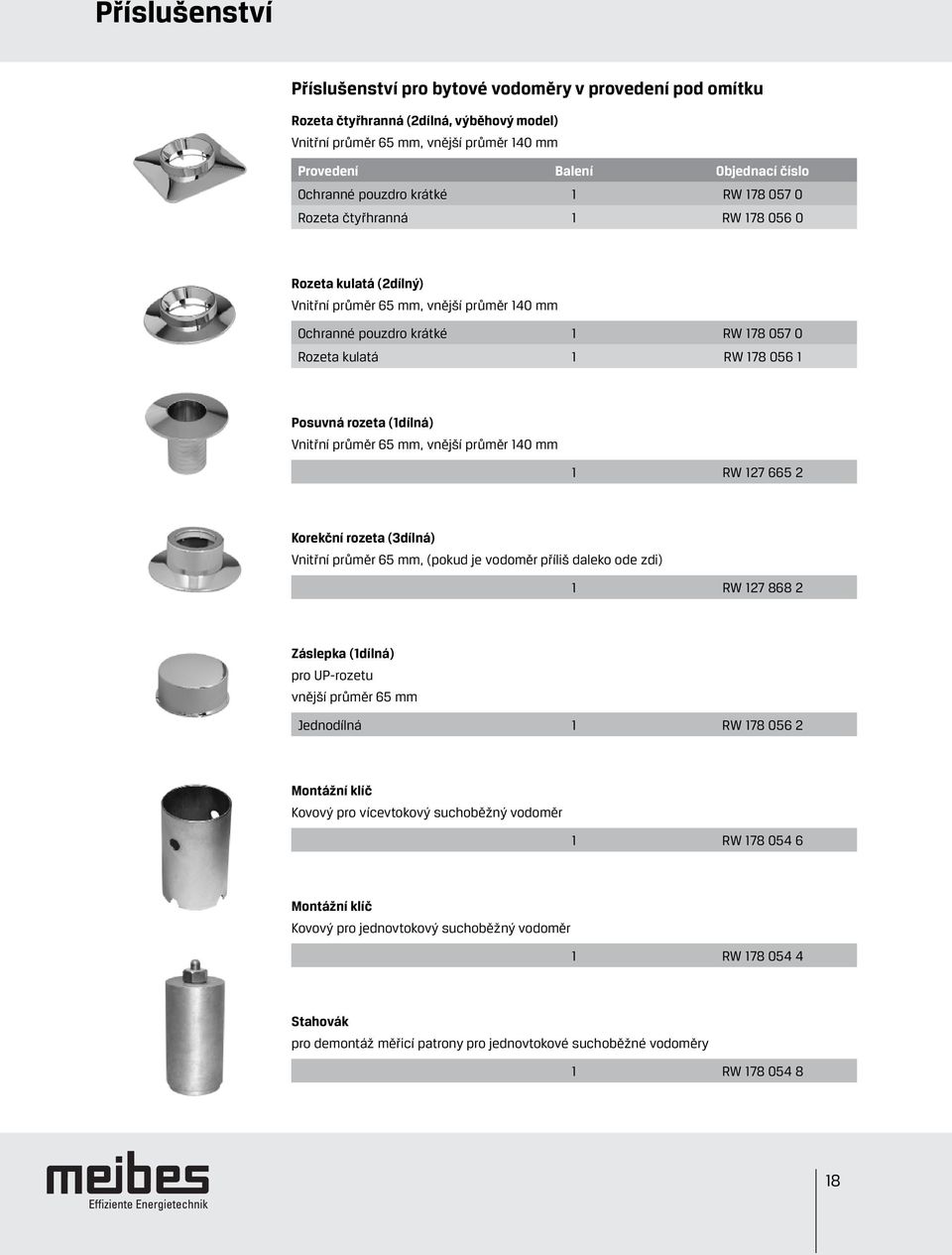 rozeta (1dílná) Vnitřní průměr 65 mm, vnější průměr 140 mm 1 RW 127 665 2 Korekční rozeta (3dílná) Vnitřní průměr 65 mm, (pokud je vodoměr příliš daleko ode zdi) 1 RW 127 868 2 Záslepka (1dílná) pro