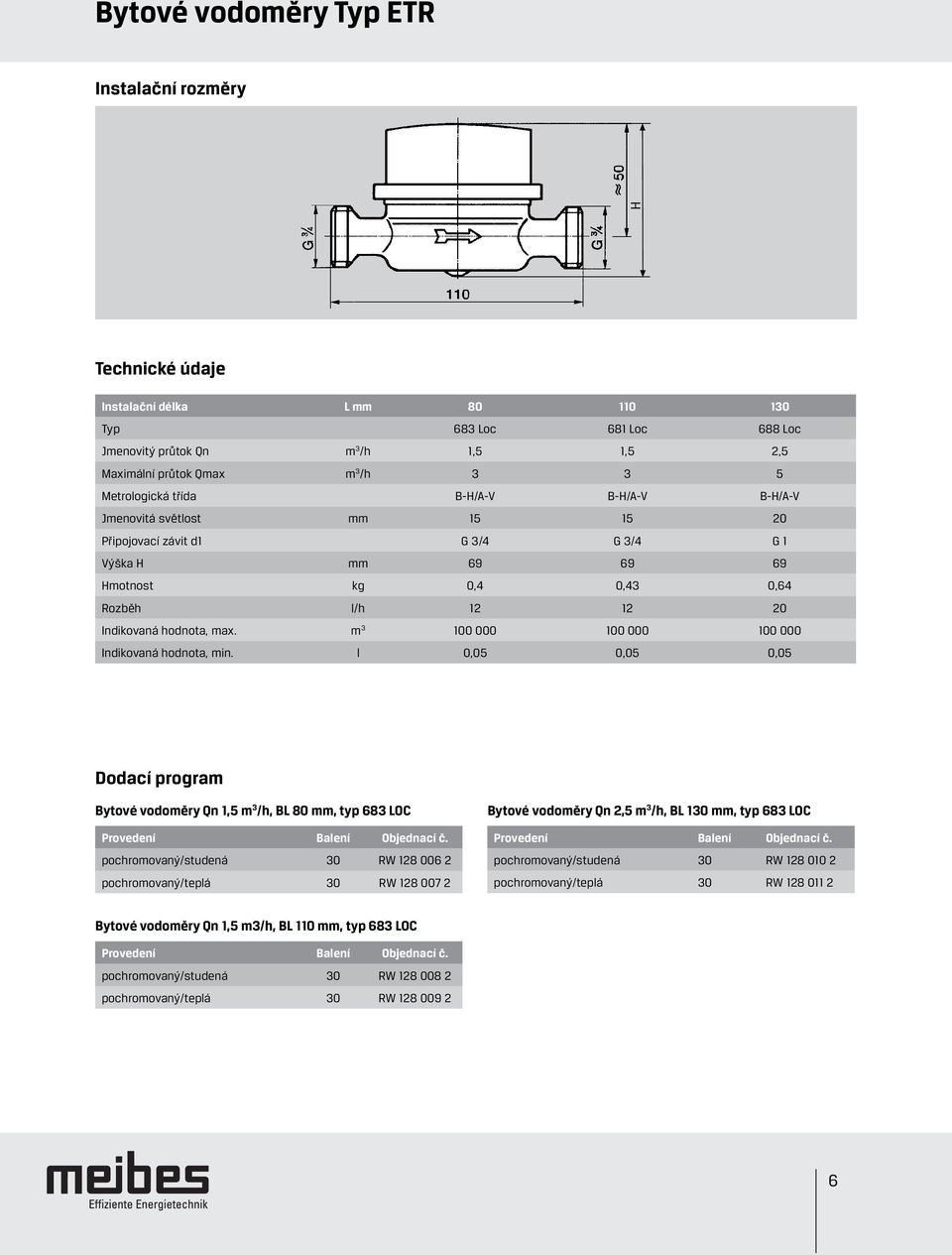 max. m 3 100 000 100 000 100 000 Indikovaná hodnota, min. l 0,05 0,05 0,05 Bytové vodoměry Qn 1,5 m 3 /h, BL 80 mm, typ 683 LOC Balení Objednací č.