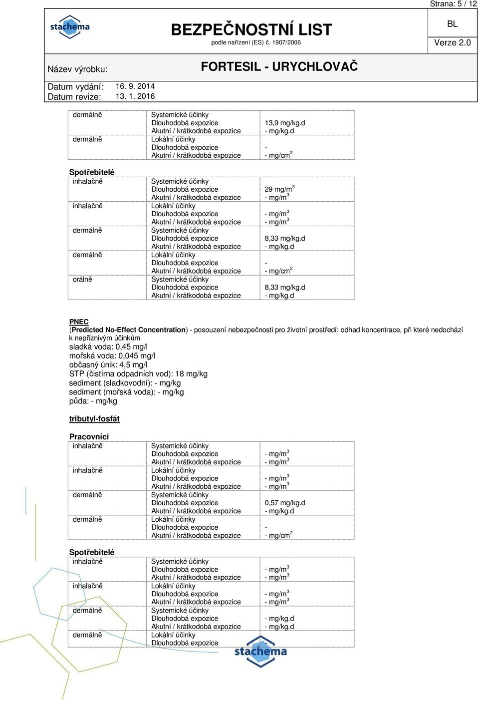 nedochází k nepříznivým účinkům sladká voda: 0,45 mg/l mořská voda: 0,045 mg/l občasný únik: 4,5 mg/l STP (čistírna odpadních