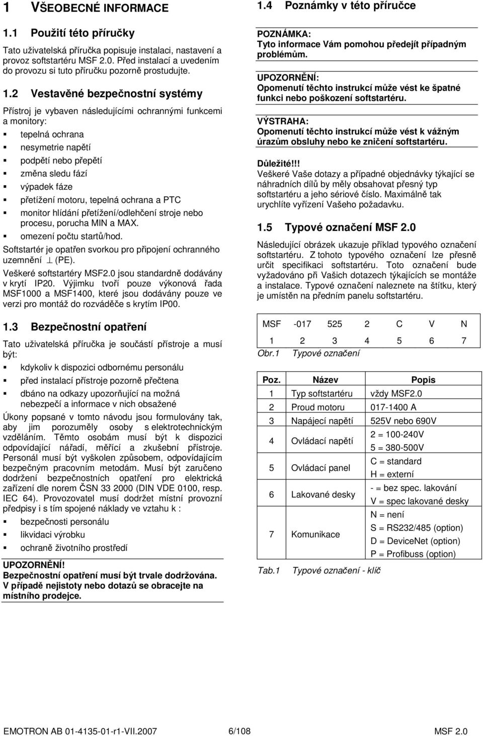 2 Vestavěné bezpečnostní systémy Přístroj je vybaven následujícími ochrannými funkcemi a monitory: tepelná ochrana nesymetrie napětí podpětí nebo přepětí změna sledu fází výpadek fáze přetížení