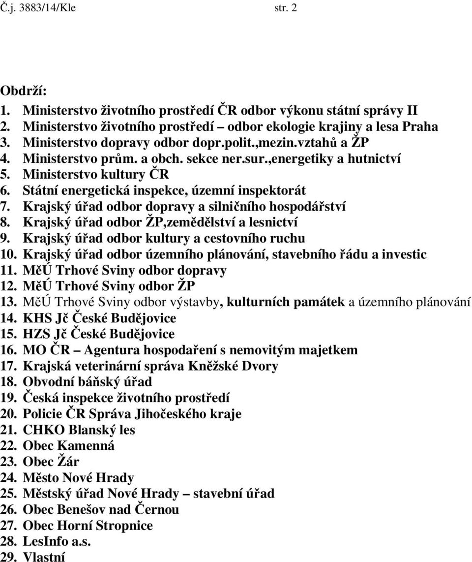 Státní energetická inspekce, územní inspektorát 7. Krajský úřad odbor dopravy a silničního hospodářství 8. Krajský úřad odbor ŽP,zemědělství a lesnictví 9.