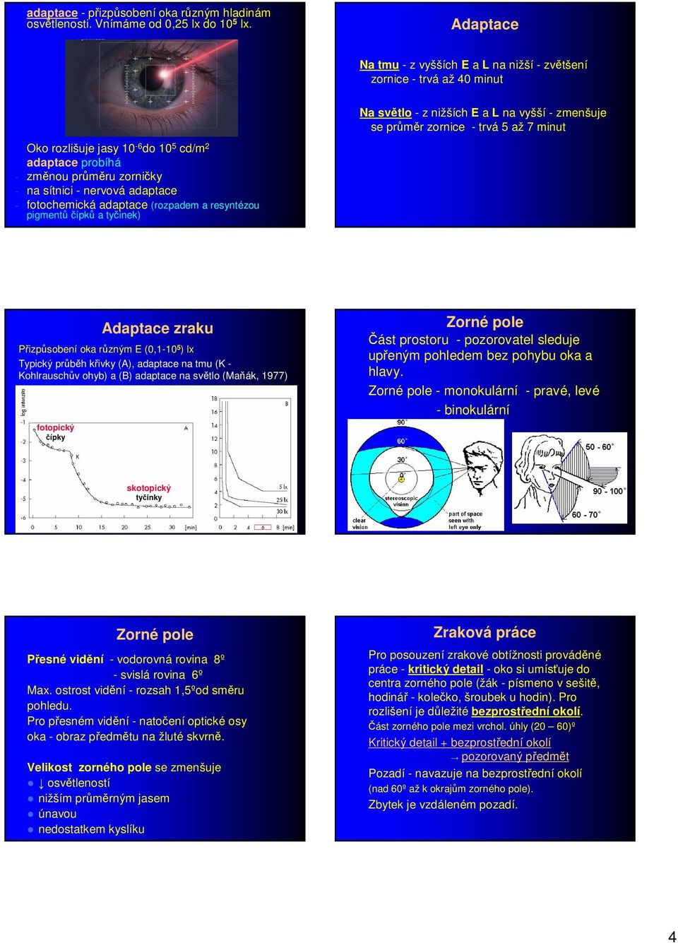 cd/m 2 adaptace probíhá - změnou průměru zorničky - na sítnici - nervová adaptace - fotochemická adaptace (rozpadem a resyntézou pigmentů čípků a tyčinek) Adaptace zraku Přizpůsobení oka různým E