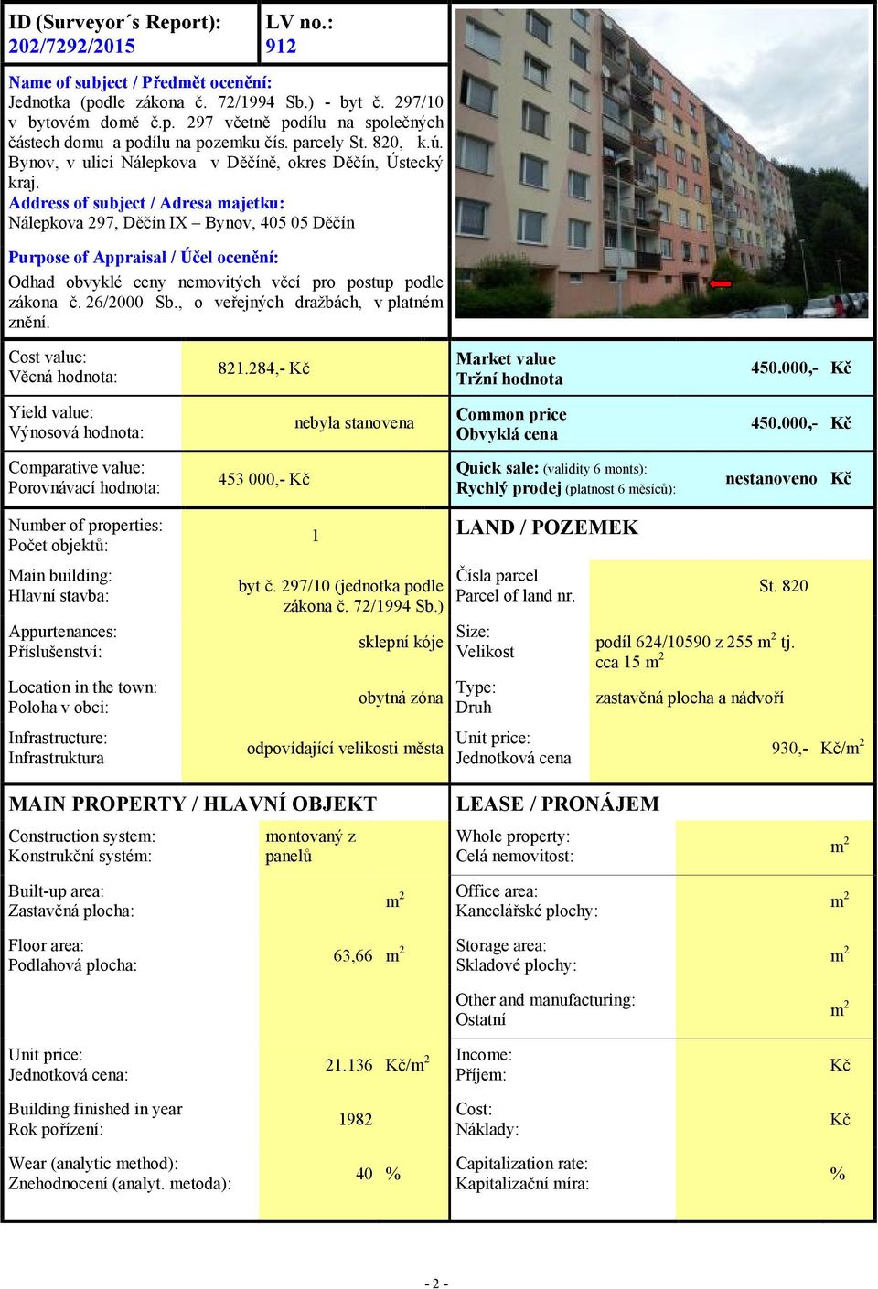 Address of subject / Adresa majetku: Nálepkova 297, Děčín IX Bynov, 405 05 Děčín Purpose of Appraisal / Účel ocenění: Odhad obvyklé ceny nemovitých věcí pro postup podle zákona č. 26/2000 Sb.