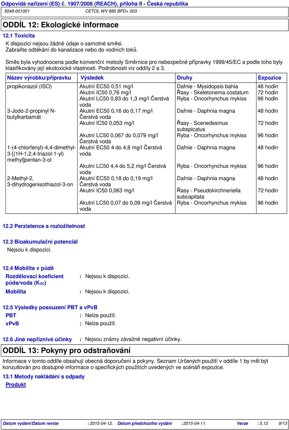 Název výrobku/přípravku propikonazol (ISO) Akutní EC50 0,51 mg/l Dafnie - Mysidopsis bahia 48 hodin Akutní IC50 0,76 mg/l Řasy - Skeletonema costatum 72 hodin Akutní LC50 0,83 do 1,3 mg/l Čerstvá