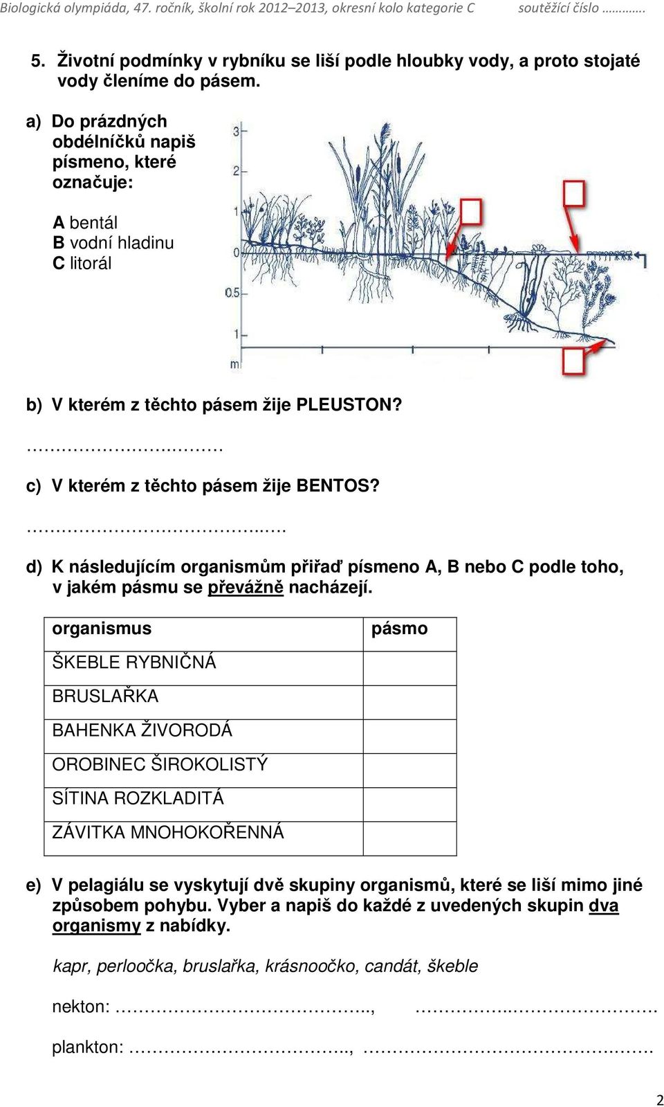 ... d) K následujícím organismům přiřaď písmeno A, B nebo C podle toho, v jakém pásmu se převážně nacházejí.