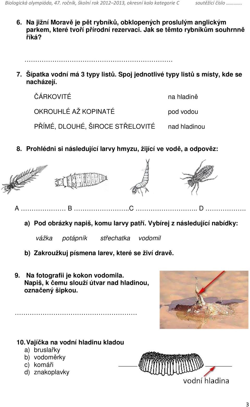 Prohlédni si následující larvy hmyzu, žijící ve vodě, a odpověz: A B..C.. D. a) Pod obrázky napiš, komu larvy patří.