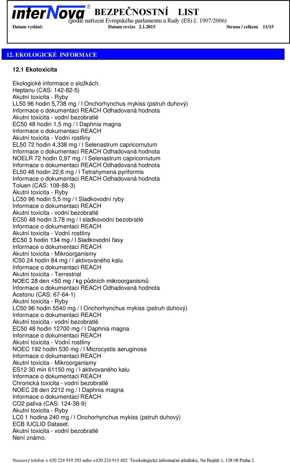 magna Akutní toxicita - Vodní rostliny EL50 72 hodin 4,338 mg / l Selenastrum capricornutum Odhadovaná hodnota NOELR 72 hodin 0,97 mg / l Selenastrum capricornutum Odhadovaná hodnota EL50 48 hodin