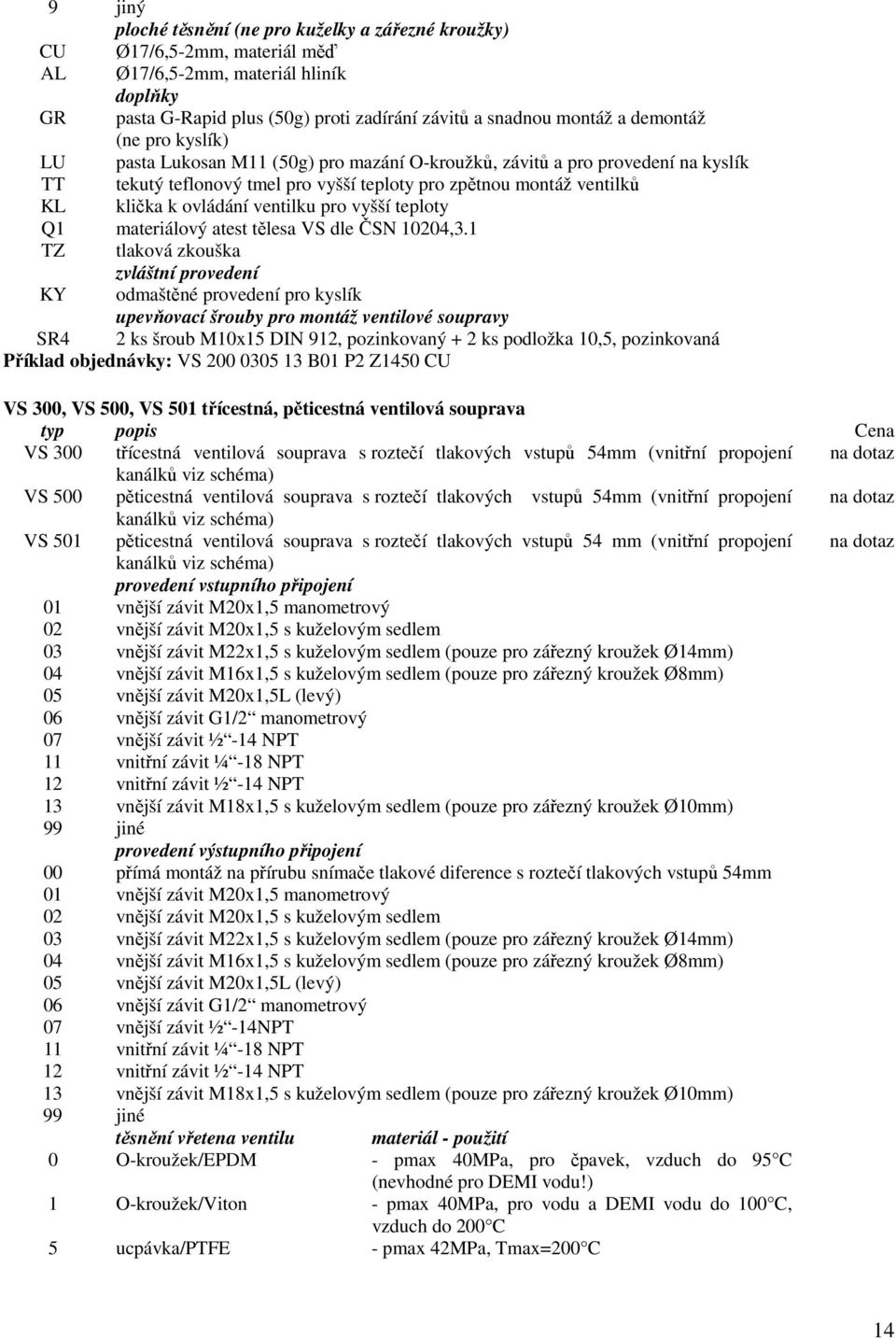 ventilku pro vyšší teploty Q1 materiálový atest tělesa VS dle ČSN 10204,3.