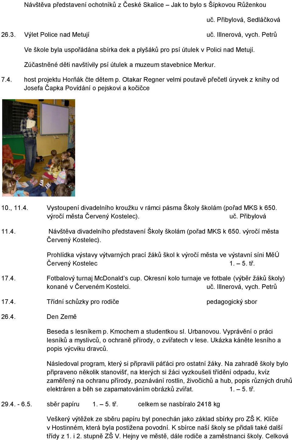 Otakar Regner velmi poutavě přečetl úryvek z knihy od Josefa Čapka Povídání o pejskovi a kočičce 10., 11.4. Vystoupení divadelního kroužku v rámci pásma Školy školám (pořad MKS k 650.