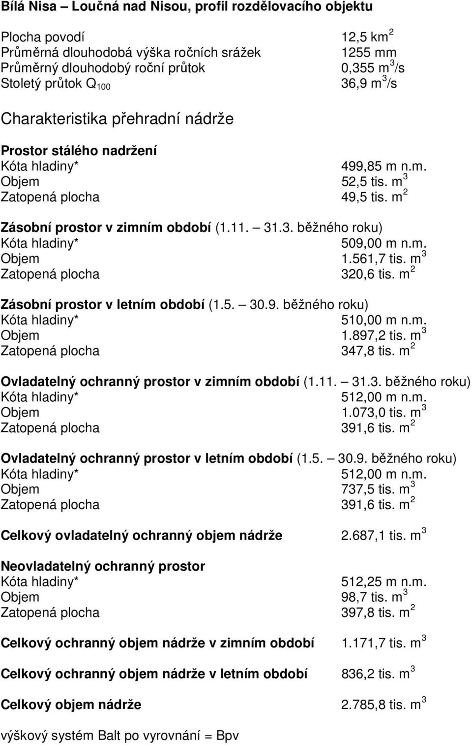 m. Objem 1.561,7 tis. m 3 Zatopená plocha 320,6 tis. m 2 Zásobní prostor v letním období (1.5. 30.9. běžného roku) 510,00 m n.m. Objem 1.897,2 tis. m 3 Zatopená plocha 347,8 tis.