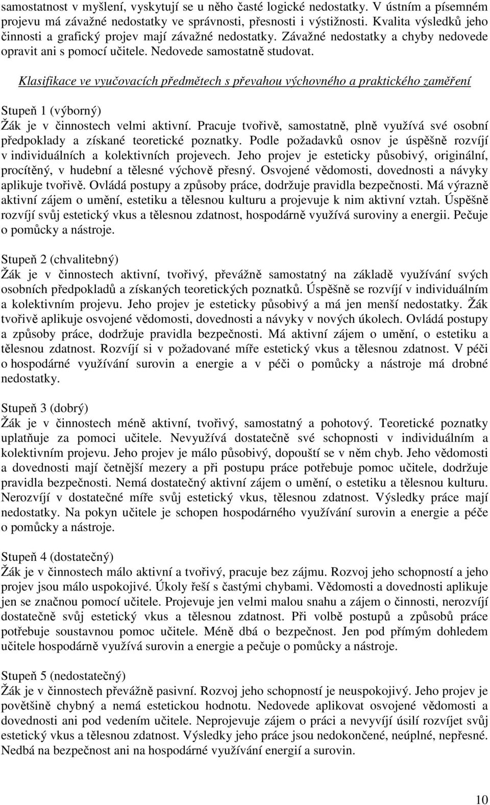 Klasifikace ve vyučovacích předmětech s převahou výchovného a praktického zaměření Stupeň 1 (výborný) Žák je v činnostech velmi aktivní.