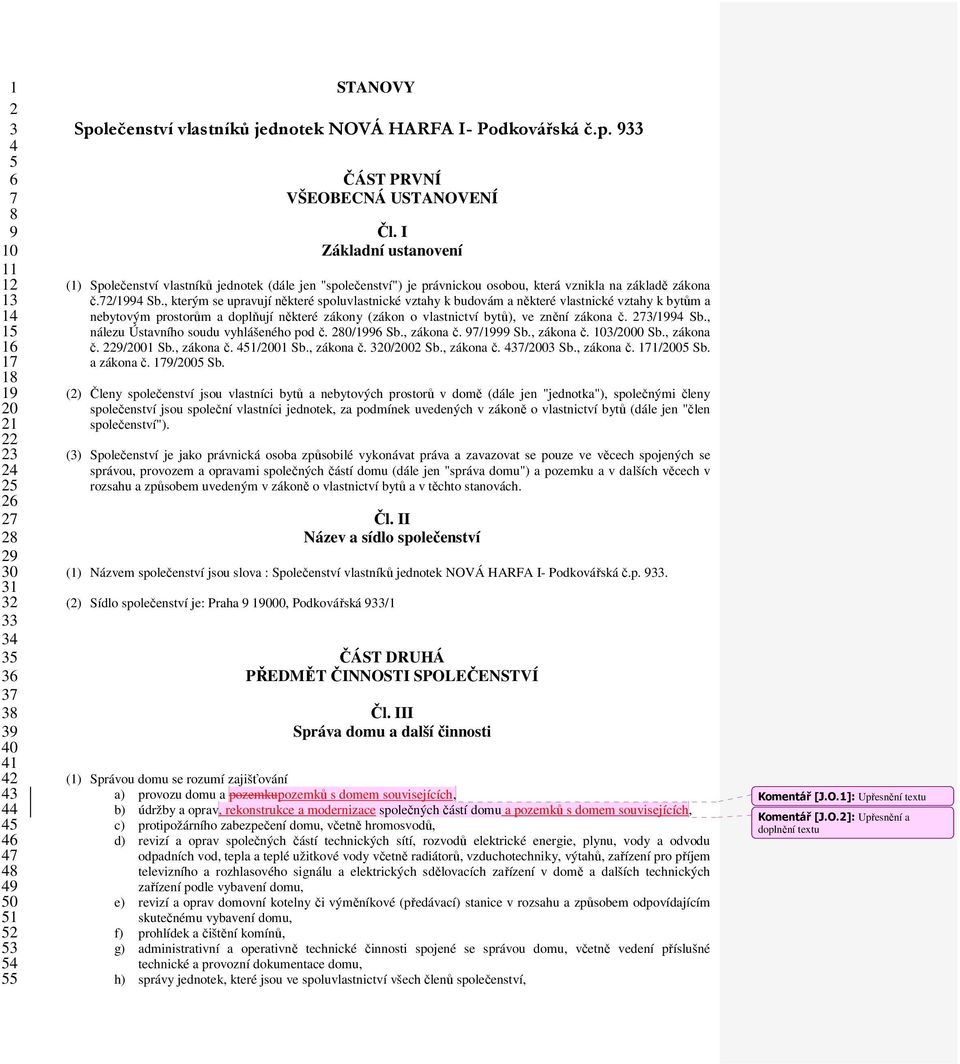 I Základní ustanovení (1) Společenství vlastníků jednotek (dále jen "společenství") je právnickou osobou, která vznikla na základě zákona č.72/1994 Sb.