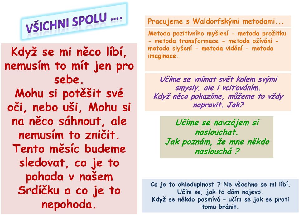 Metoda pozitivního myšlení - metoda prožitku - metoda transformace - metoda ožívání - metoda slyšení - metoda vidění - metoda imaginace.