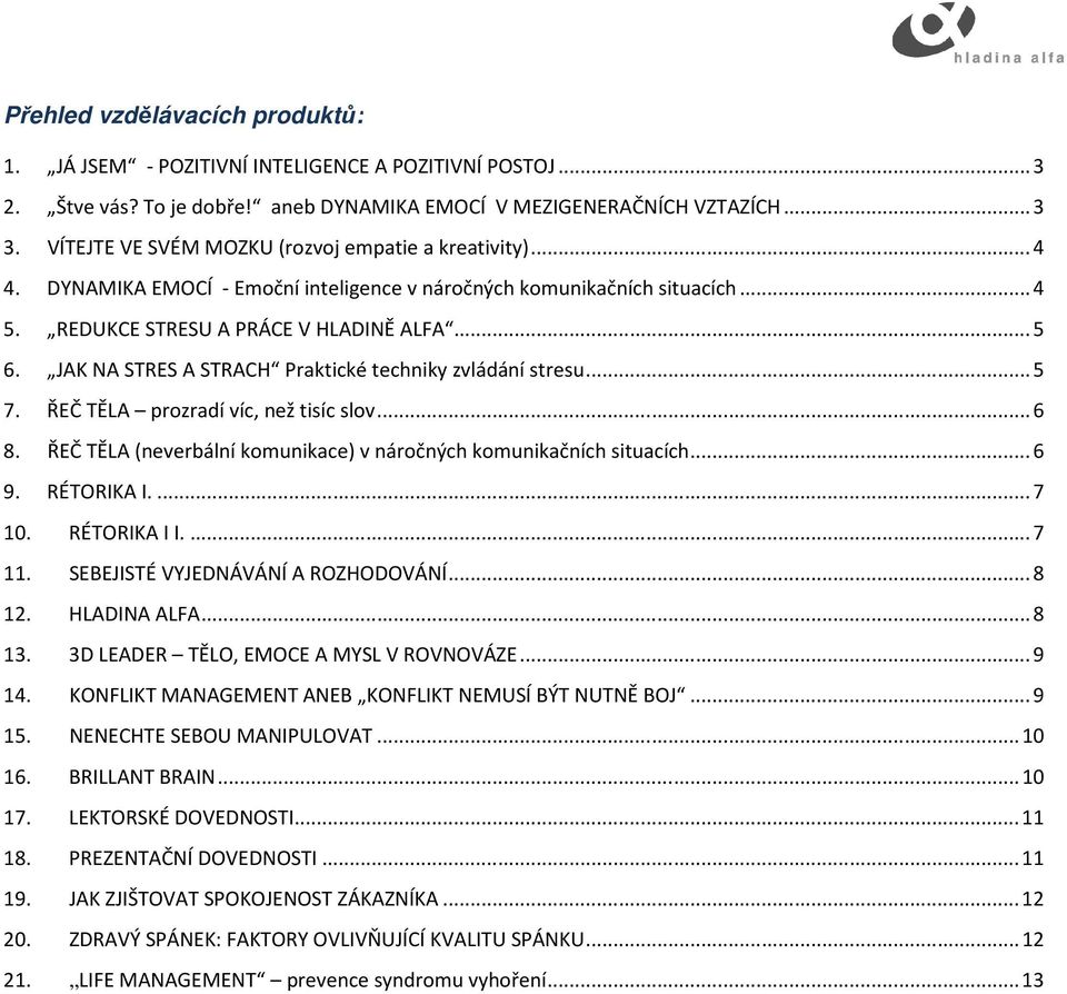 JAK NA STRES A STRACH Praktické techniky zvládání stresu... 5 7. ŘEČ TĚLA prozradí víc, než tisíc slov... 6 8. ŘEČ TĚLA (neverbální komunikace) v náročných komunikačních situacích... 6 9. RÉTORIKA I.