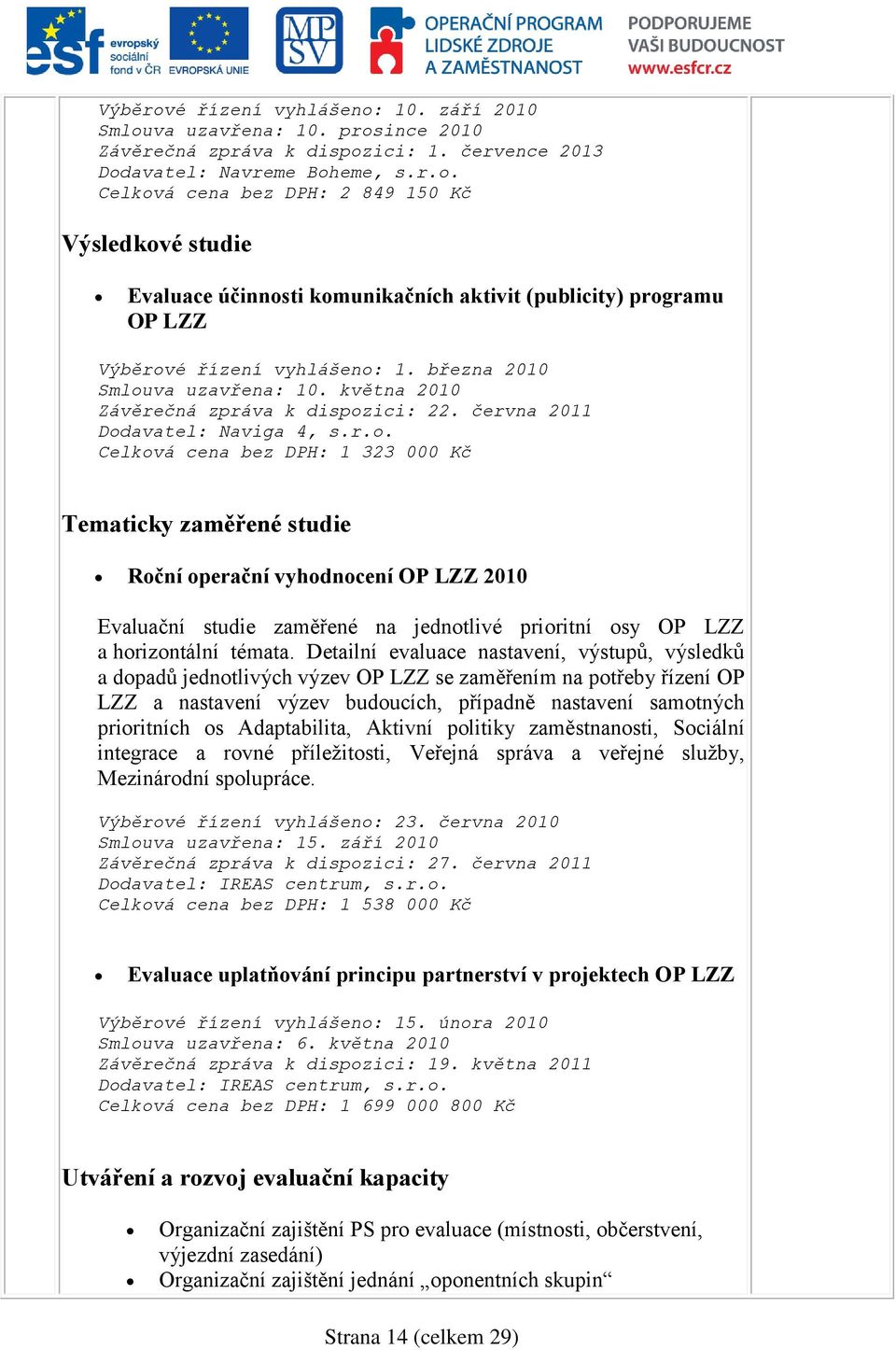 va uzavřena: 10. května 2010 Závěrečná zpráva k dispoz