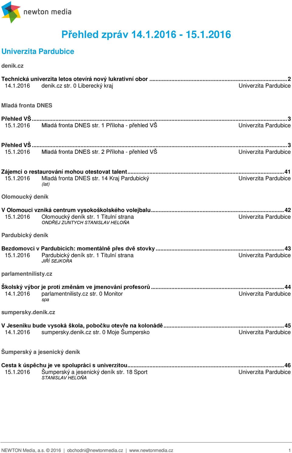 .. 41 15.1.2016 Mladá fronta DNES str. 14 Kraj Pardubický Univerzita Pardubice (lat) Olomoucký deník V Olomouci vzniká centrum vysokoškolského volejbalu... 42 15.1.2016 Olomoucký deník str.