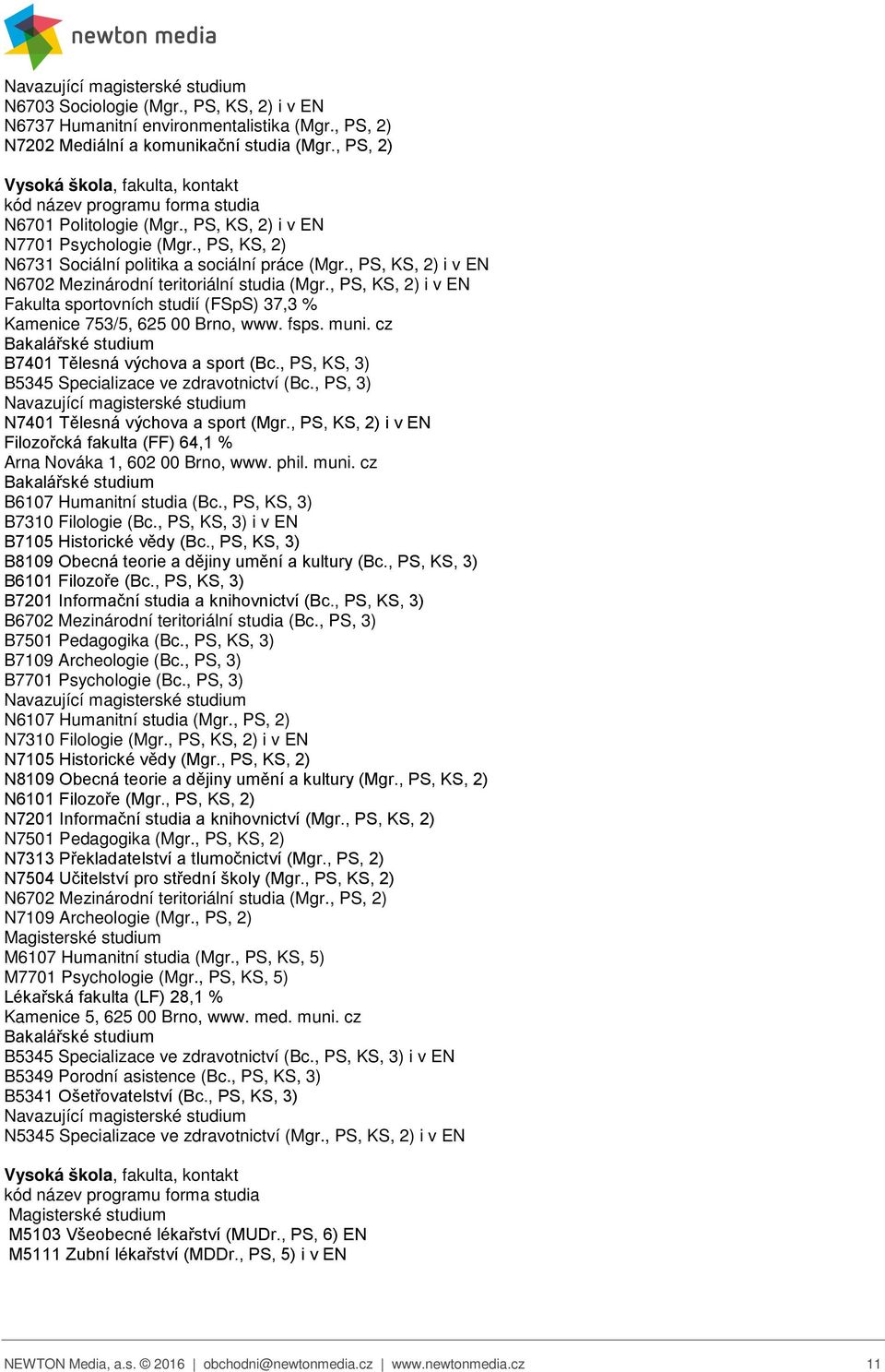 , PS, KS, 2) i v EN N6702 Mezinárodní teritoriální studia (Mgr., PS, KS, 2) i v EN Fakulta sportovních studií (FSpS) 37,3 % Kamenice 753/5, 625 00 Brno, www. fsps. muni.