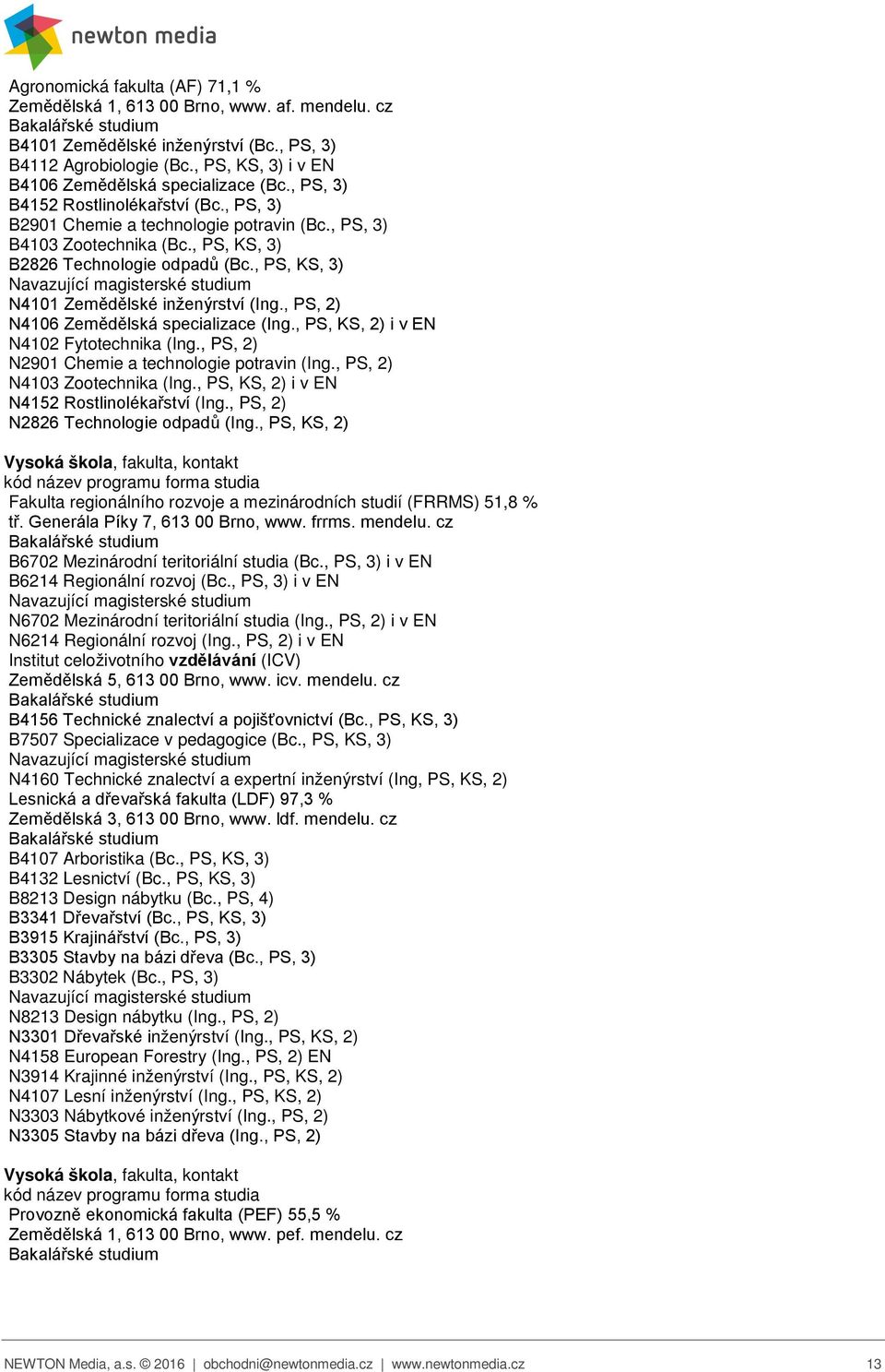 , PS, KS, 3) N4101 Zemědělské inženýrství (Ing., PS, 2) N4106 Zemědělská specializace (Ing., PS, KS, 2) i v EN N4102 Fytotechnika (Ing., PS, 2) N2901 Chemie a technologie potravin (Ing.