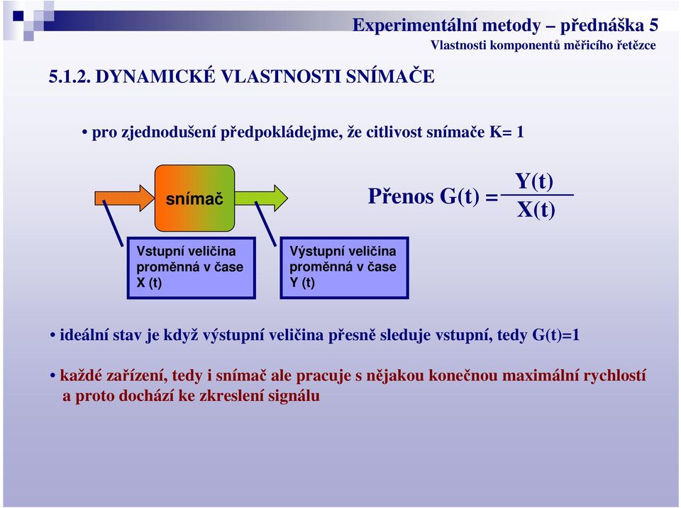 Přenos G(t) = Y(t) X(t) Vstupní veličina proměnná v čase X (t) Výstupní veličina proměnná v čase Y