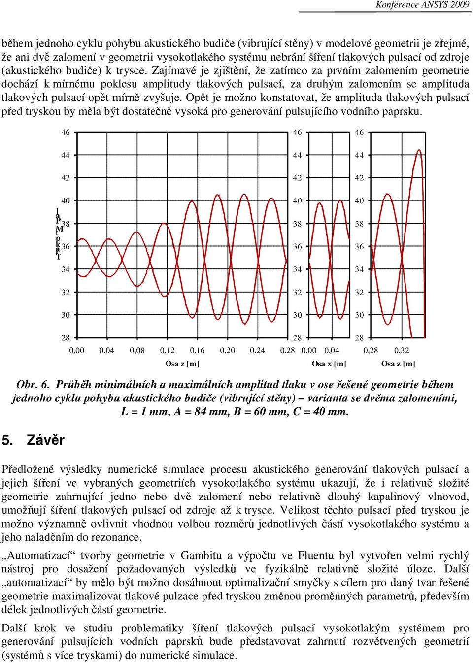 Zajímavé je zjištění, že zatímco za prvním zalomením geometrie dochází k mírnému poklesu amplitudy tlakových pulsací, za druhým zalomením se amplituda tlakových pulsací opět mírně zvyšuje.