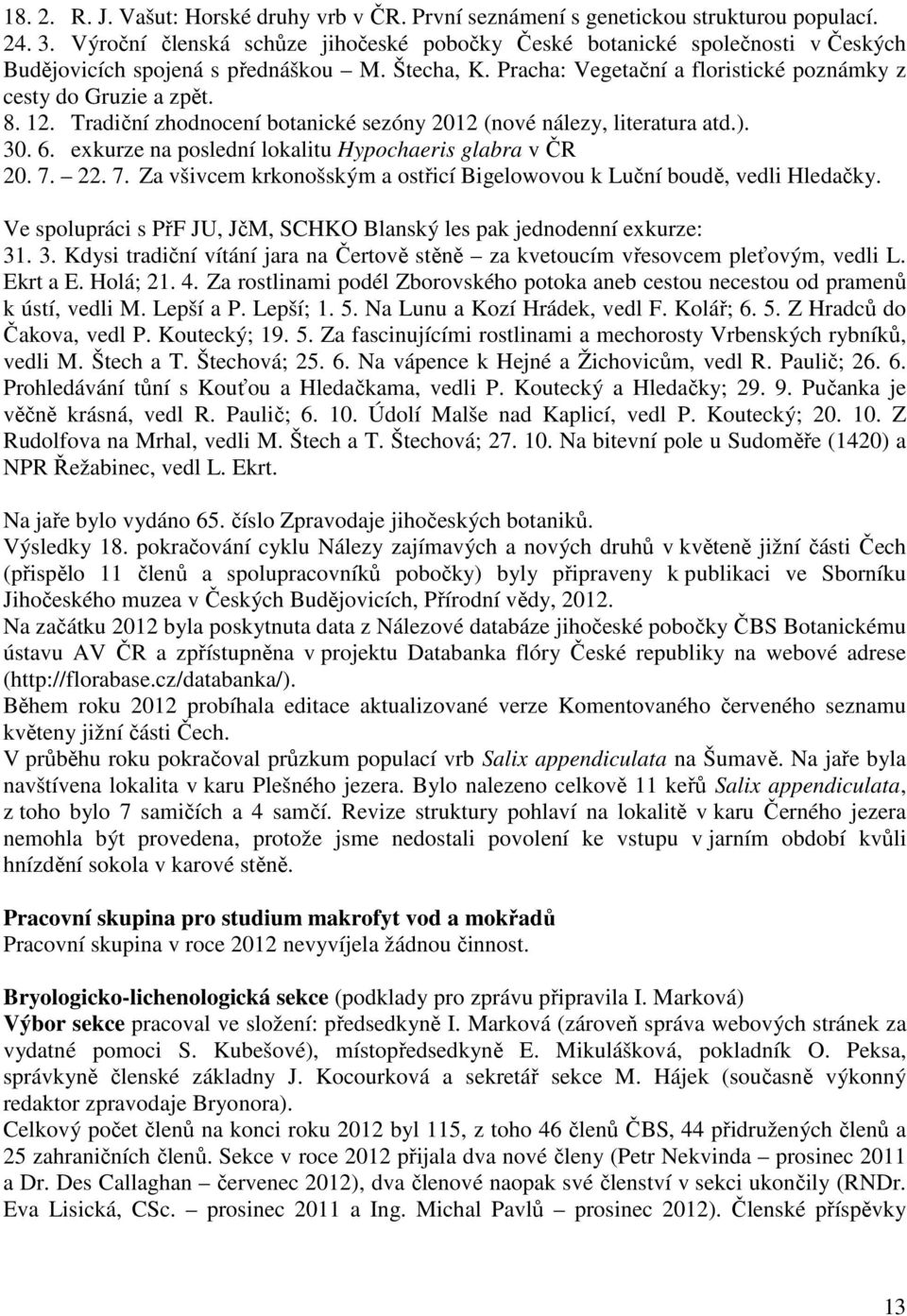 Tradiční zhodnocení botanické sezóny 2012 (nové nálezy, literatura atd.). 30. 6. exkurze na poslední lokalitu Hypochaeris glabra v ČR 20. 7.