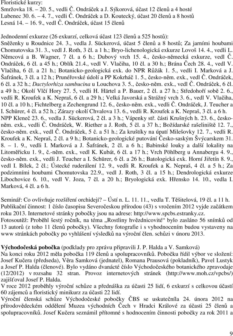 Sückerová, účast 5 členů a 8 hostů; Za jarními houbami Chomutovska 31. 3., vedl J. Roth, 3 čl. a 1 h.; Bryo-lichenologická exkurze Lovoš 14. 4., vedli L. Němcová a B. Wagner, 7 čl. a 6 h.