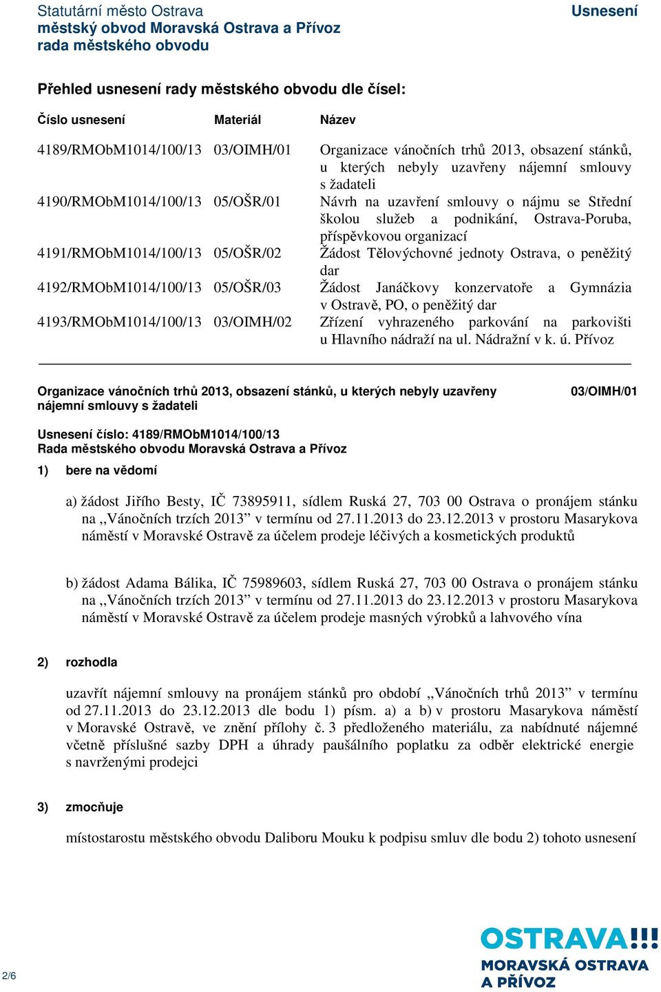 Žádost Tělovýchovné jednoty Ostrava, o peněžitý dar 4192/RMObM1014/100/13 05/OŠR/03 Žádost Janáčkovy konzervatoře a Gymnázia v Ostravě, PO, o peněžitý dar 4193/RMObM1014/100/13 03/OIMH/02 Zřízení