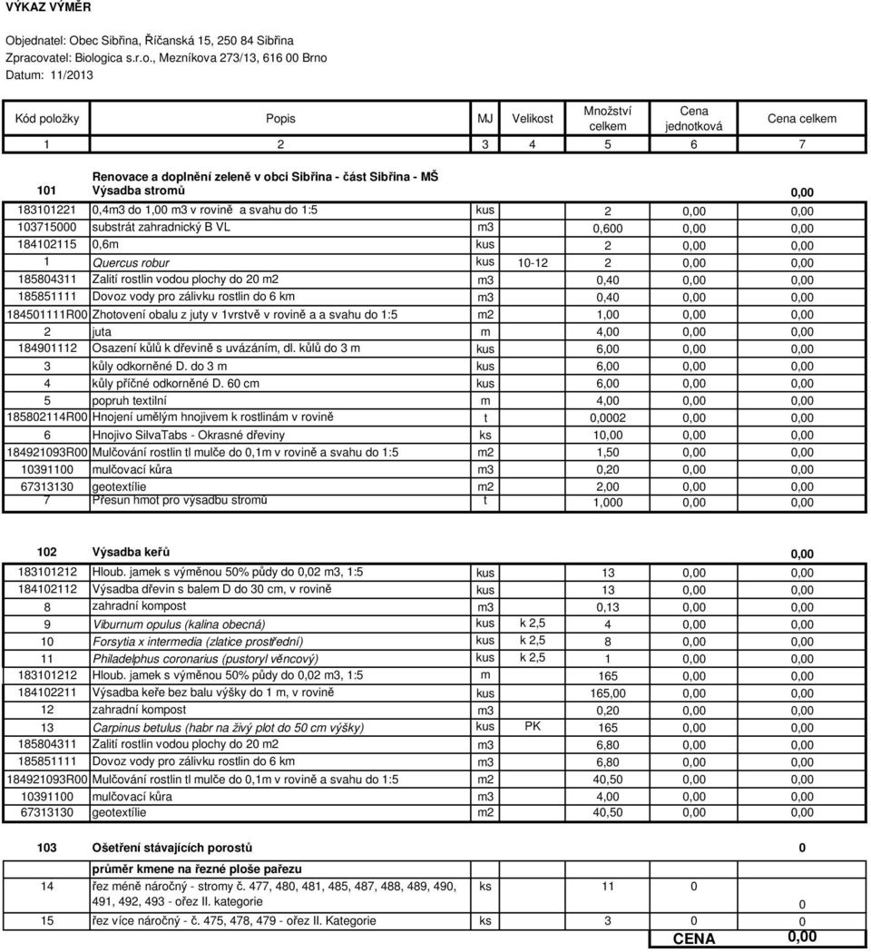 4,,, 18491112 Osazení kůlů k dřevině s uvázáním, dl. kůlů do 3 m kus 6,,, 3 kůly odkorněné D. do 3 m kus 6,,, 4 kůly příčné odkorněné D.