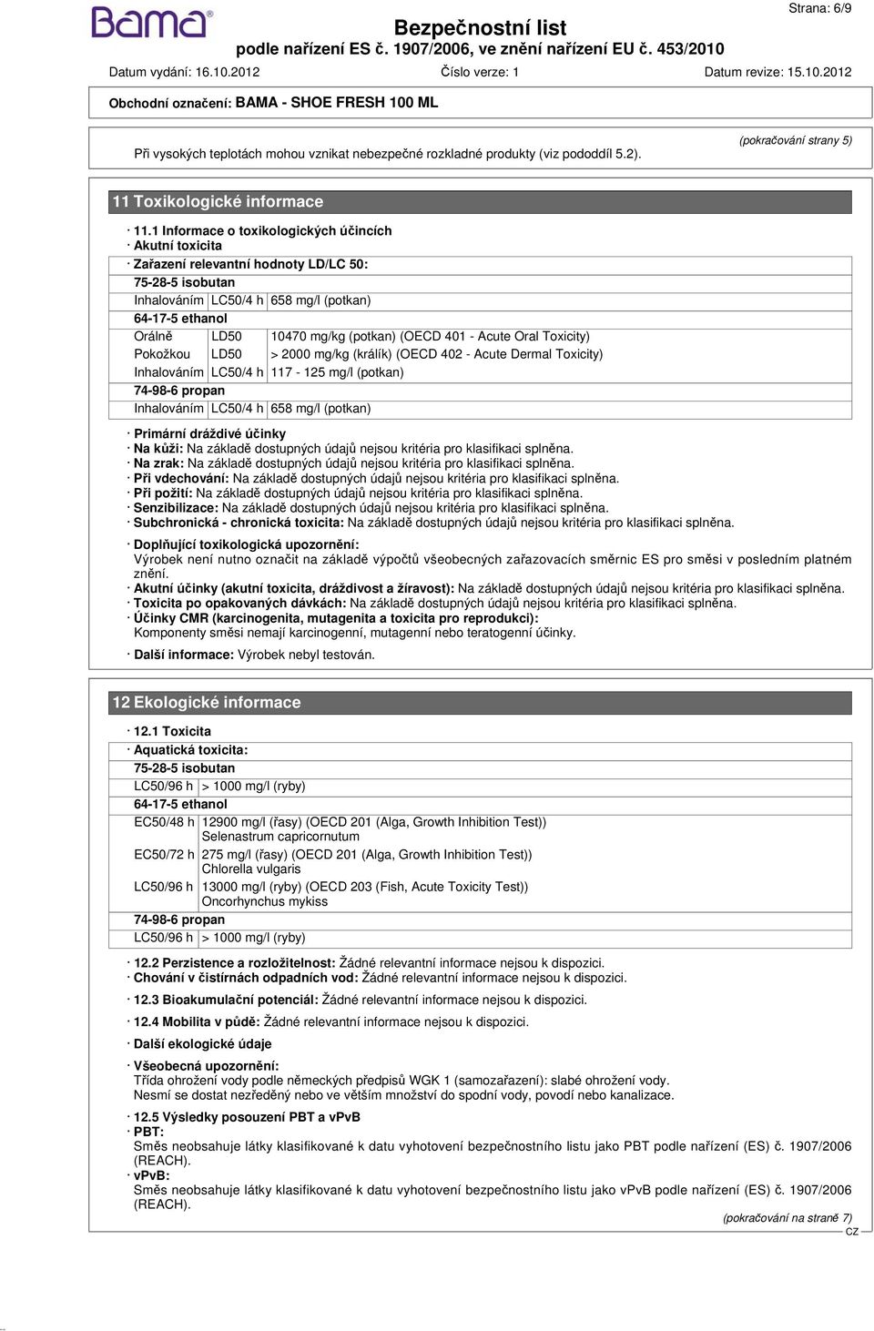 (OECD 401 - Acute Oral Toxicity) Pokožkou LD50 > 2000 mg/kg (králík) (OECD 402 - Acute Dermal Toxicity) Inhalováním LC50/4 h 117-125 mg/l (potkan) 74-98-6 propan Inhalováním LC50/4 h 658 mg/l