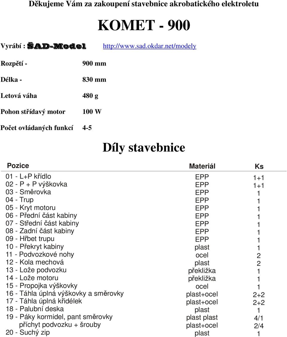 Směrovka 04 - Trup 05 - Kryt motoru 06 - Přední část kabiny 07 - Střední část kabiny 08 - Zadní část kabiny 09 - Hřbet trupu 0 - Překryt kabiny - Podvozkové nohy 2 - Kola mechová 3 - Lože