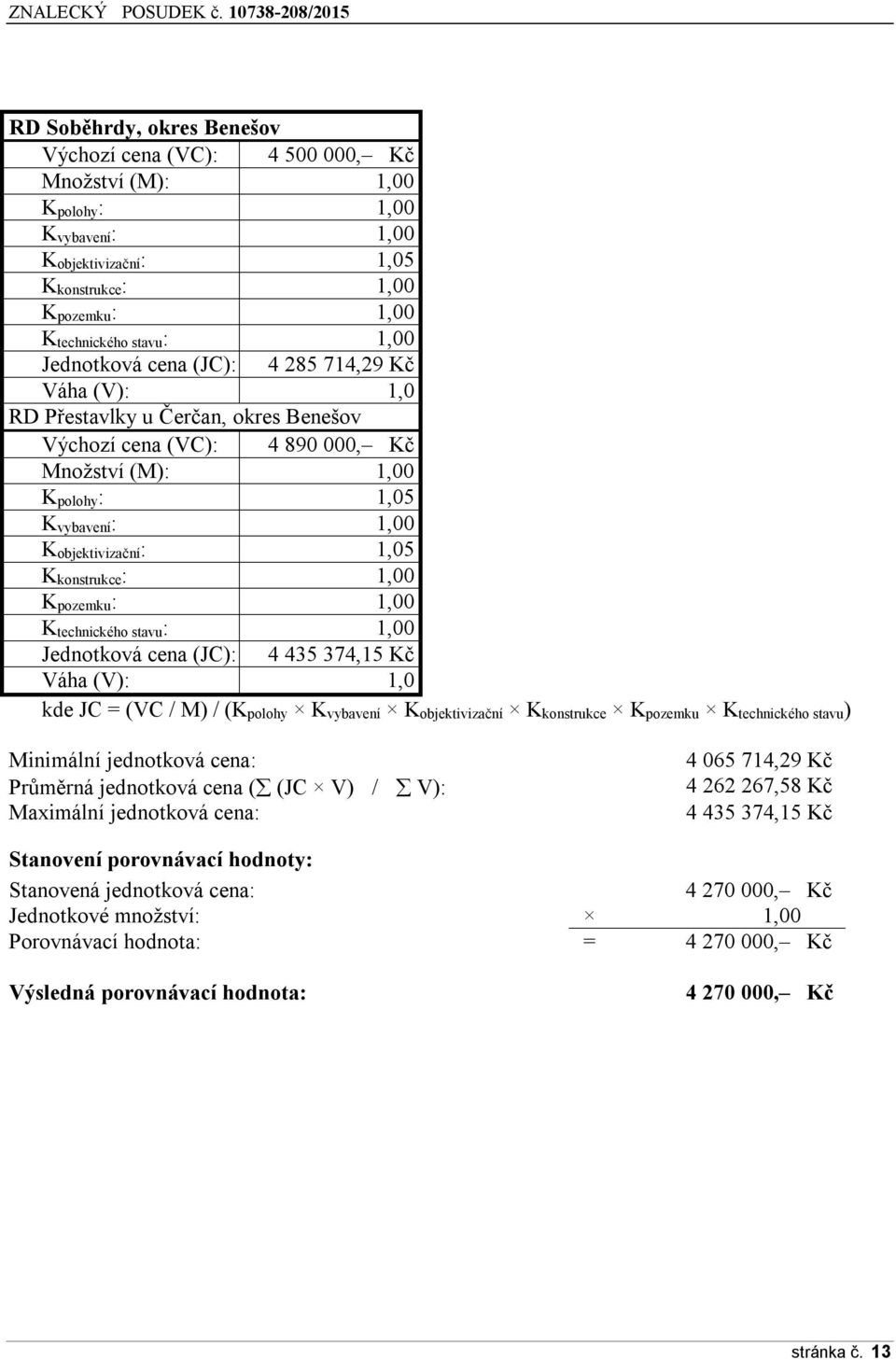 1,00 Kpozemku: 1,00 Ktechnického stavu: 1,00 Jednotková cena (JC): 4 435 374,15 Kč Váha (V): 1,0 kde JC = (VC / M) / (Kpolohy Kvybavení Kobjektivizační Kkonstrukce Kpozemku Ktechnického stavu)