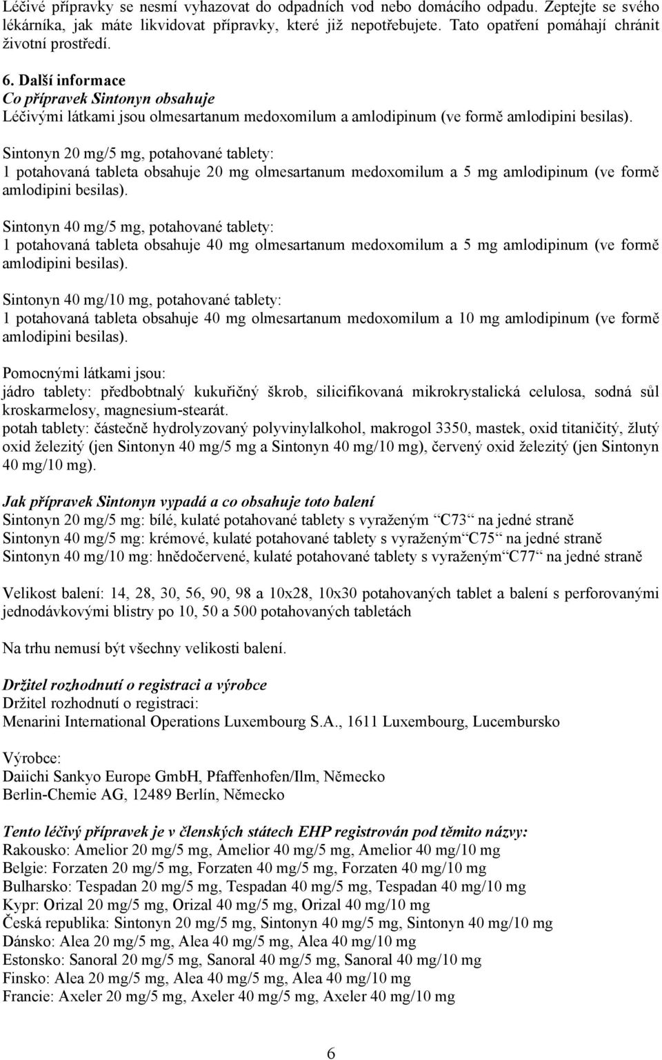 Sintonyn 20 mg/5 mg, potahované tablety: 1 potahovaná tableta obsahuje 20 mg olmesartanum medoxomilum a 5 mg amlodipinum (ve formě amlodipini besilas).