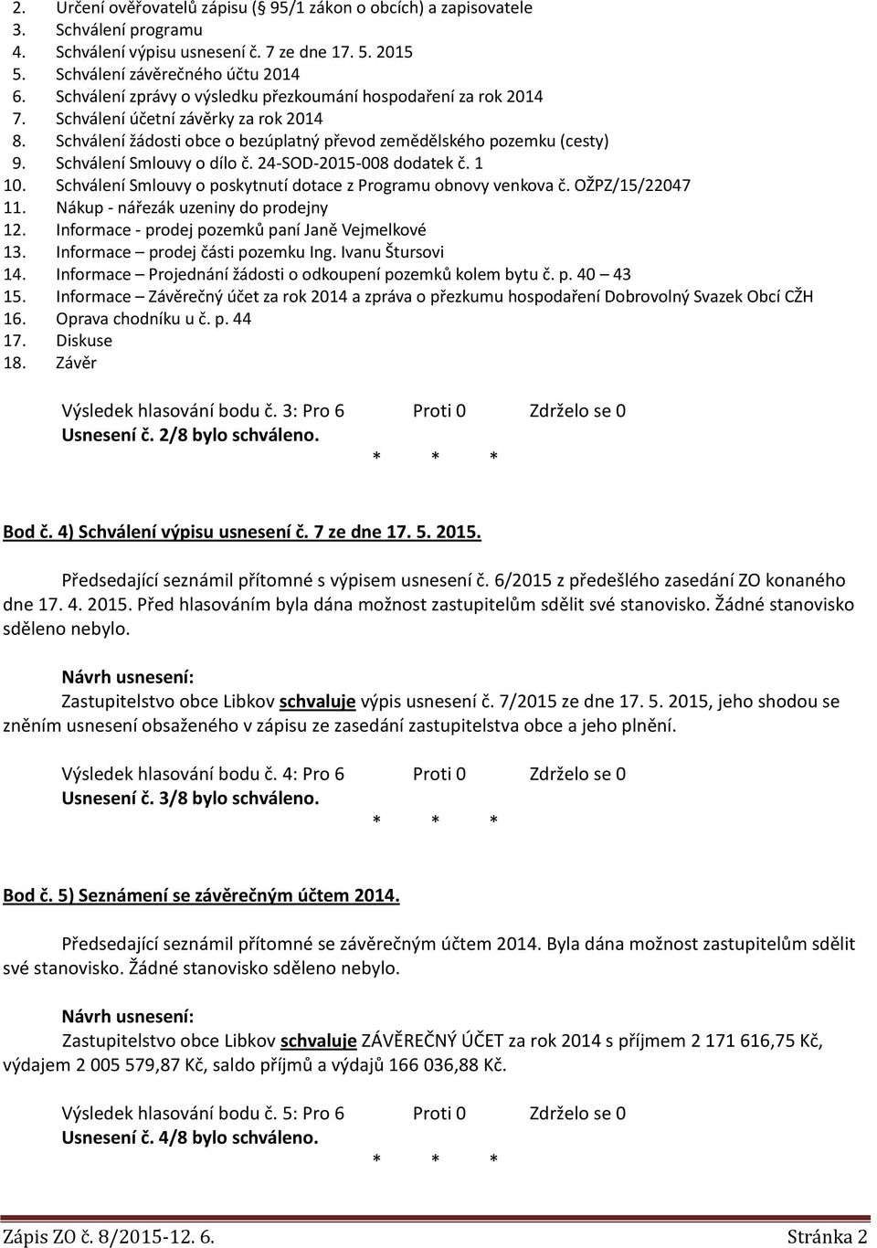 Schválení Smlouvy o dílo č. 24-SOD-2015-008 dodatek č. 1 10. Schválení Smlouvy o poskytnutí dotace z Programu obnovy venkova č. OŽPZ/15/22047 11. Nákup - nářezák uzeniny do prodejny 12.