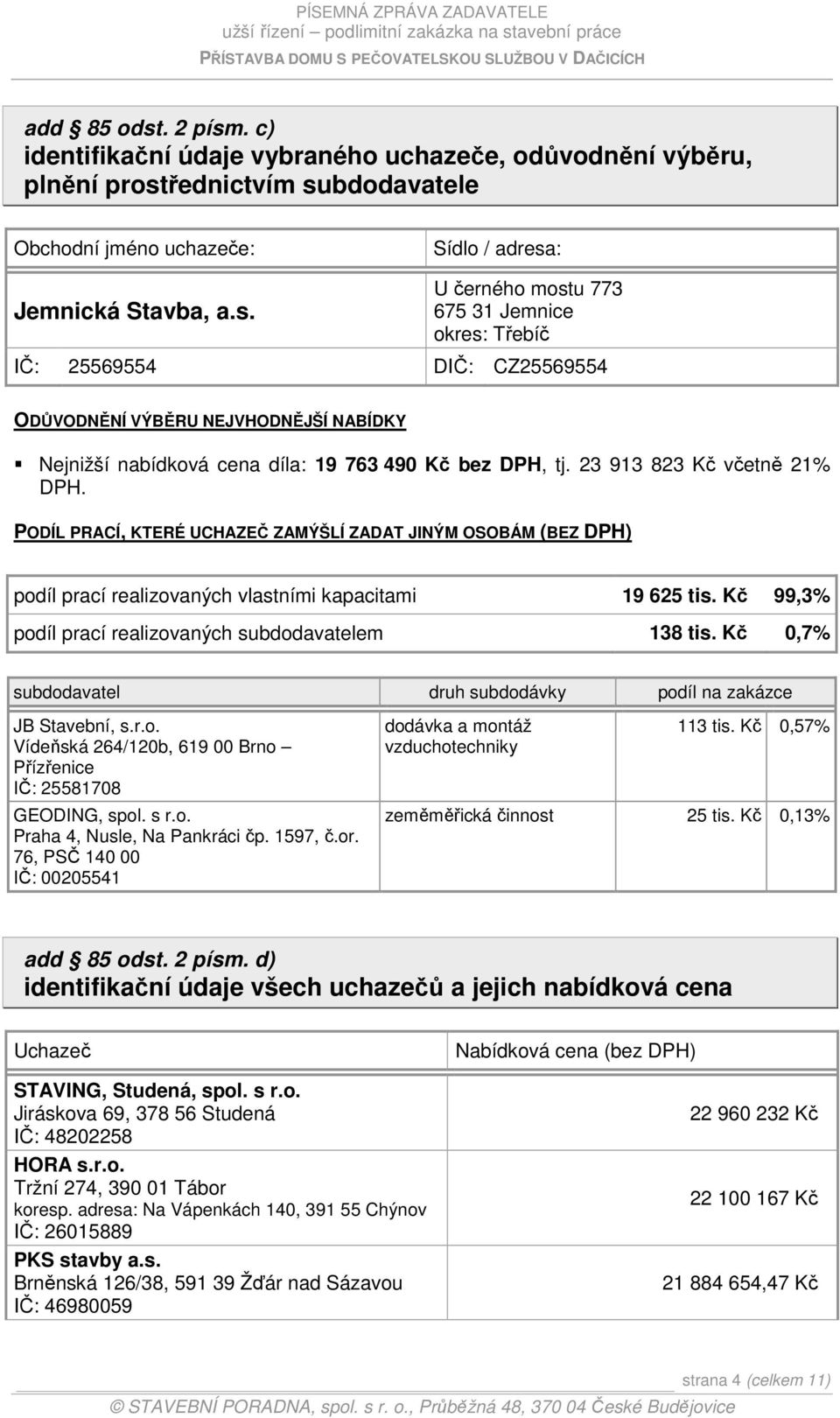 23 913 823 Kč včetně 21% DPH. PODÍL PRACÍ, KTERÉ UCHAZEČ ZAMÝŠLÍ ZADAT JINÝM OSOBÁM (BEZ DPH) podíl prací realizovaných vlastními kapacitami 19 625 tis.