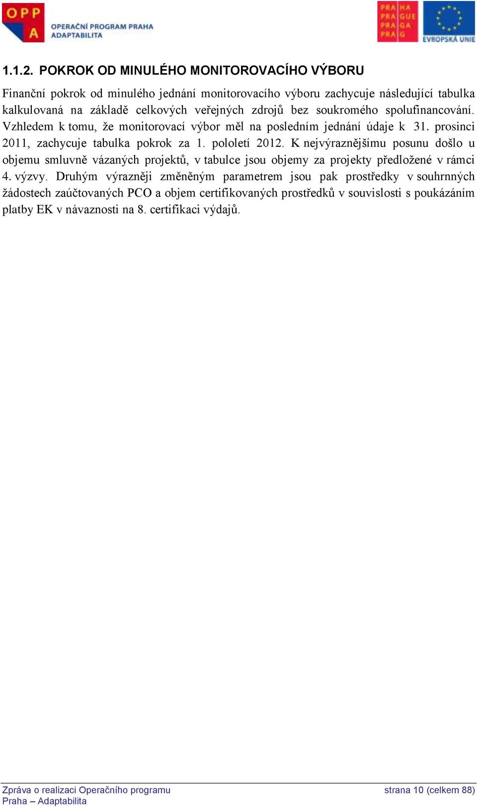 soukromého spolufinancování. Vzhledem k tomu, že monitorovací výbor měl na posledním jednání údaje k 31. prosinci 2011, zachycuje tabulka pokrok za 1. pololetí 2012.