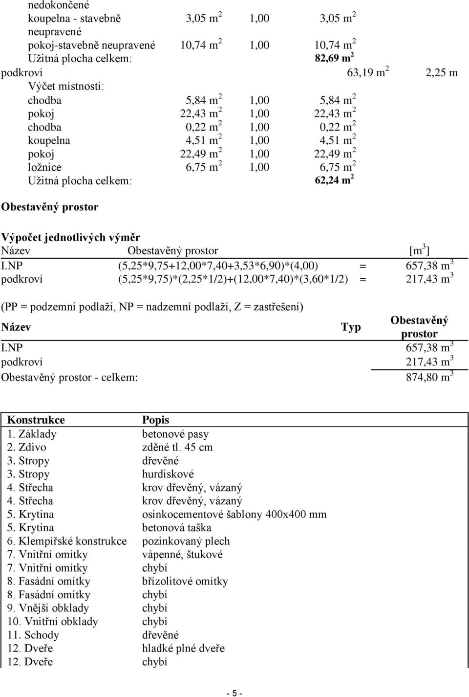 62,24 m 2 Obestavěný prostor Výpočet jednotlivých výměr Název Obestavěný prostor [m 3 ] I.