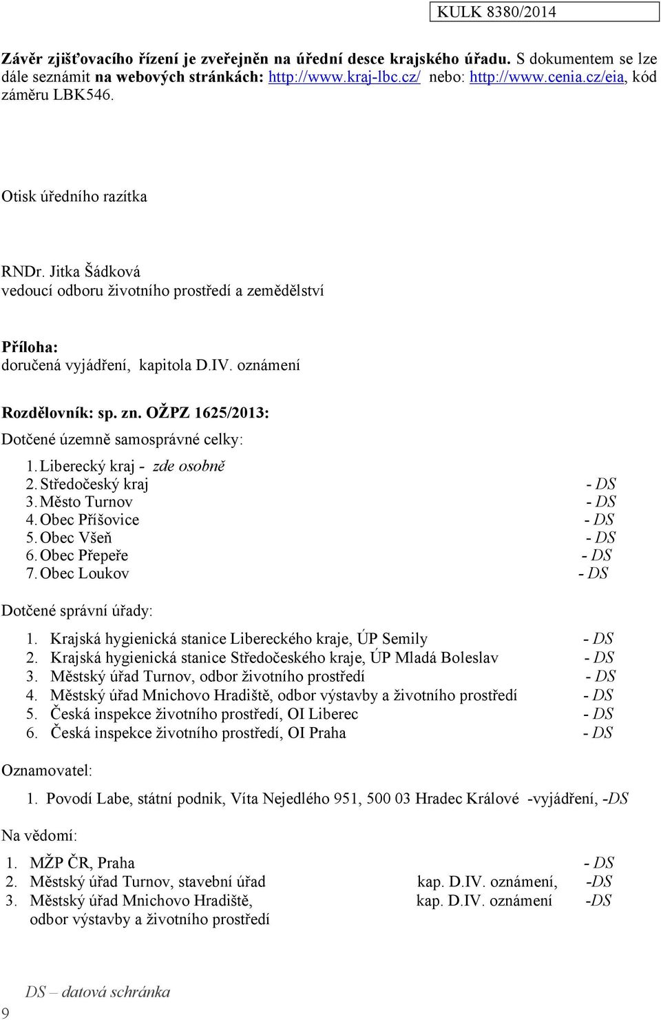 OŽPZ 1625/2013: Dotčené územně samosprávné celky: 1.Liberecký kraj - zde osobně 2.Středočeský kraj 3.Město Turnov 4.Obec Příšovice 5.Obec Všeň 6.Obec Přepeře 7.Obec Loukov Dotčené správní úřady: 1.